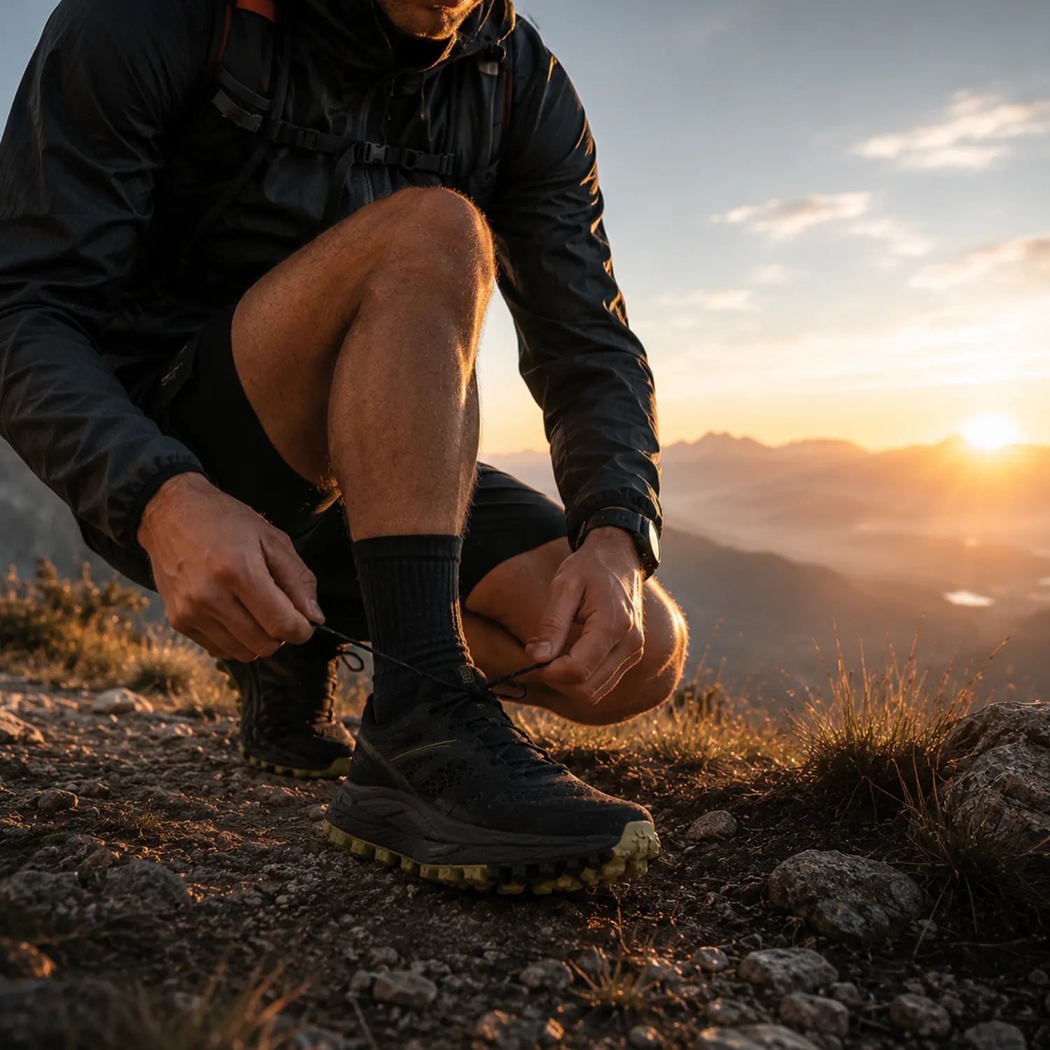 Traileur qui se prépare avant l'effort en montagne au lever du soleil — protocole Soulager Continum Sport