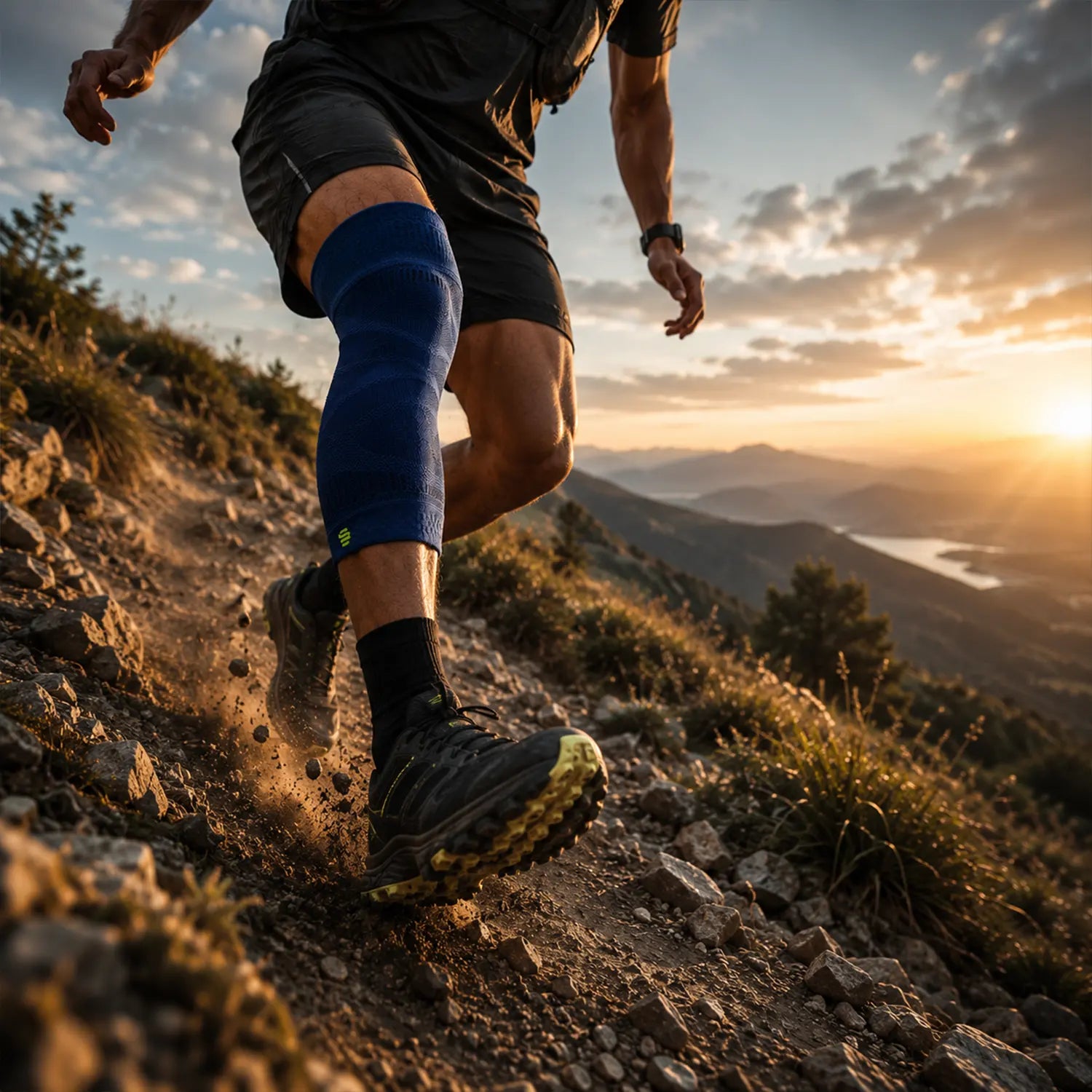 Sportif trail en pleine descente d'une montagne, effort Continum sport