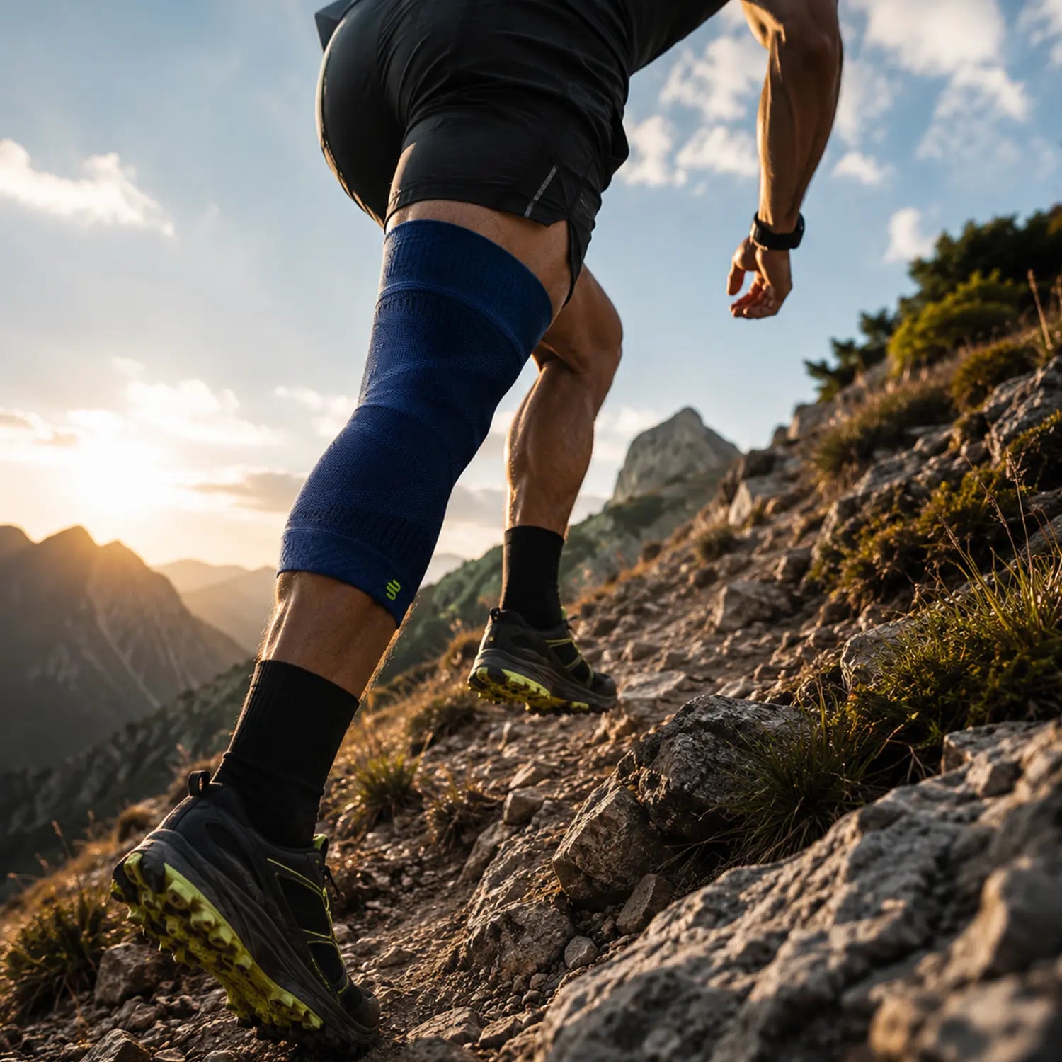 Coureur trail en montagne avec manchon de compression genou Bauerfeind — protocole Continuer Continum Sport